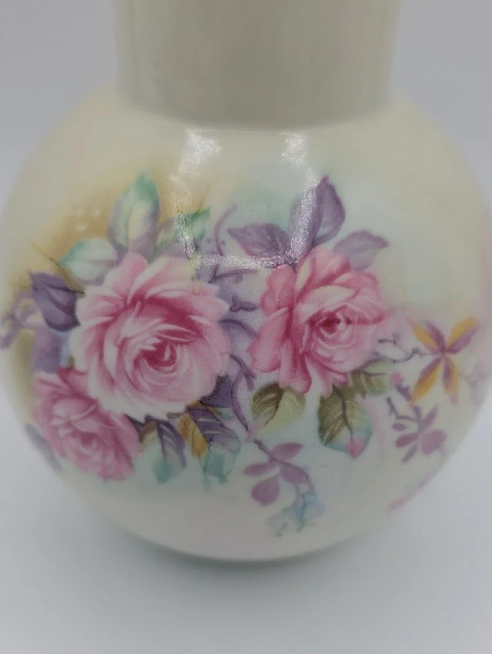 Cream Porcelain Vase with Pink Rose Motif and Gold Rim